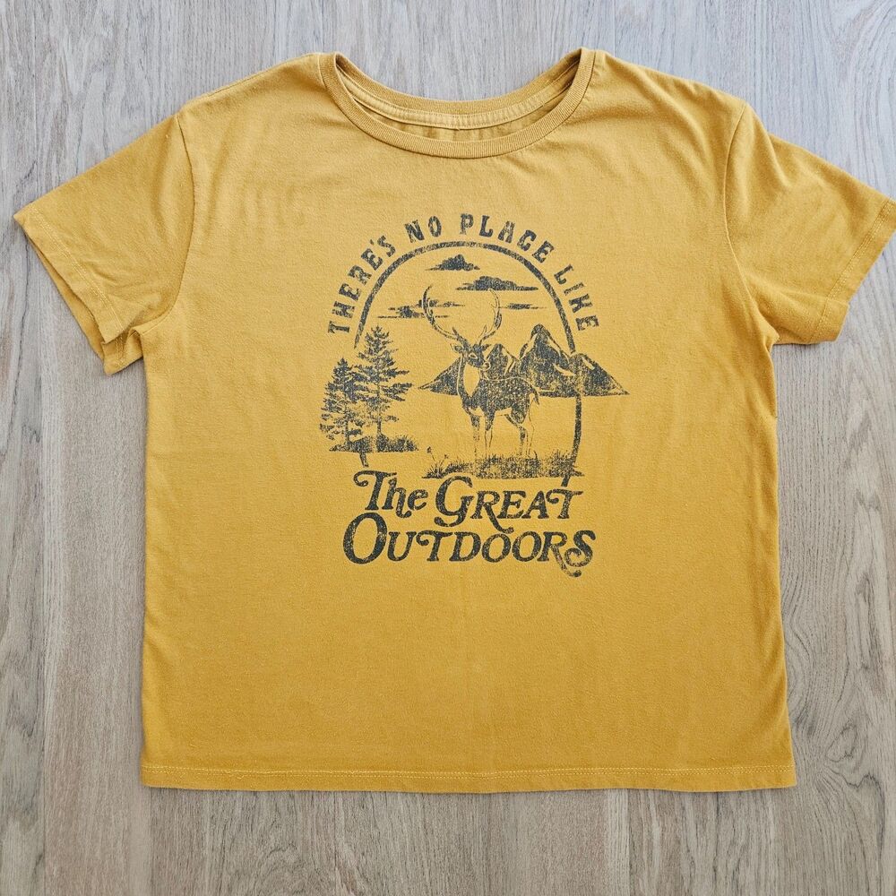 Fifth Sun Yellow Great Outdoors Cropped T-Shirt Womens Medium
